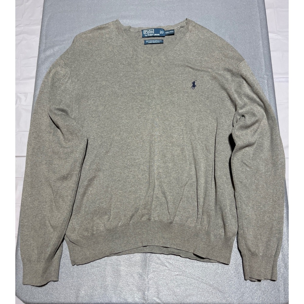 Polo Ralph Lauren Mens XXL Grey Pima Cotton V-Neck Pony Logo Sweater